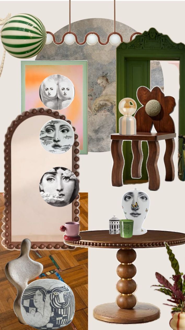 Interior collage — sculptural furniture and Fornasetti faces