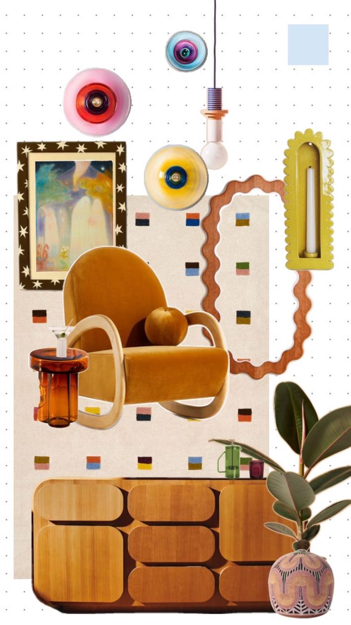 Interior collage — amber, chrome and wiggle mirrors