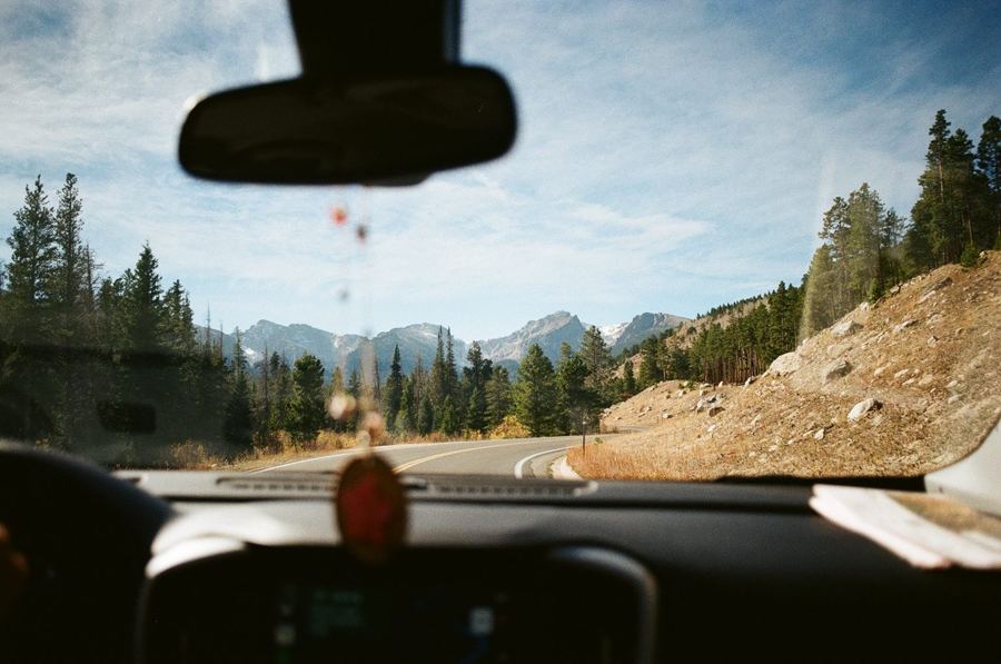 Mountain road through a windscreen